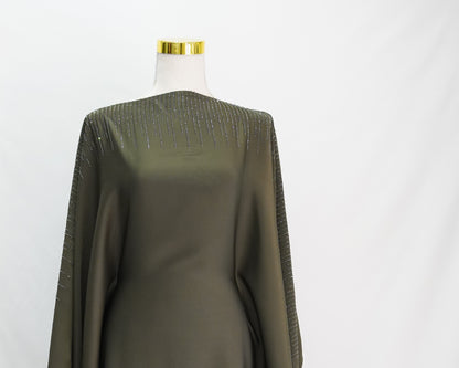 Amaani Butterfly Abaya Olive, front side, close up, upper body only