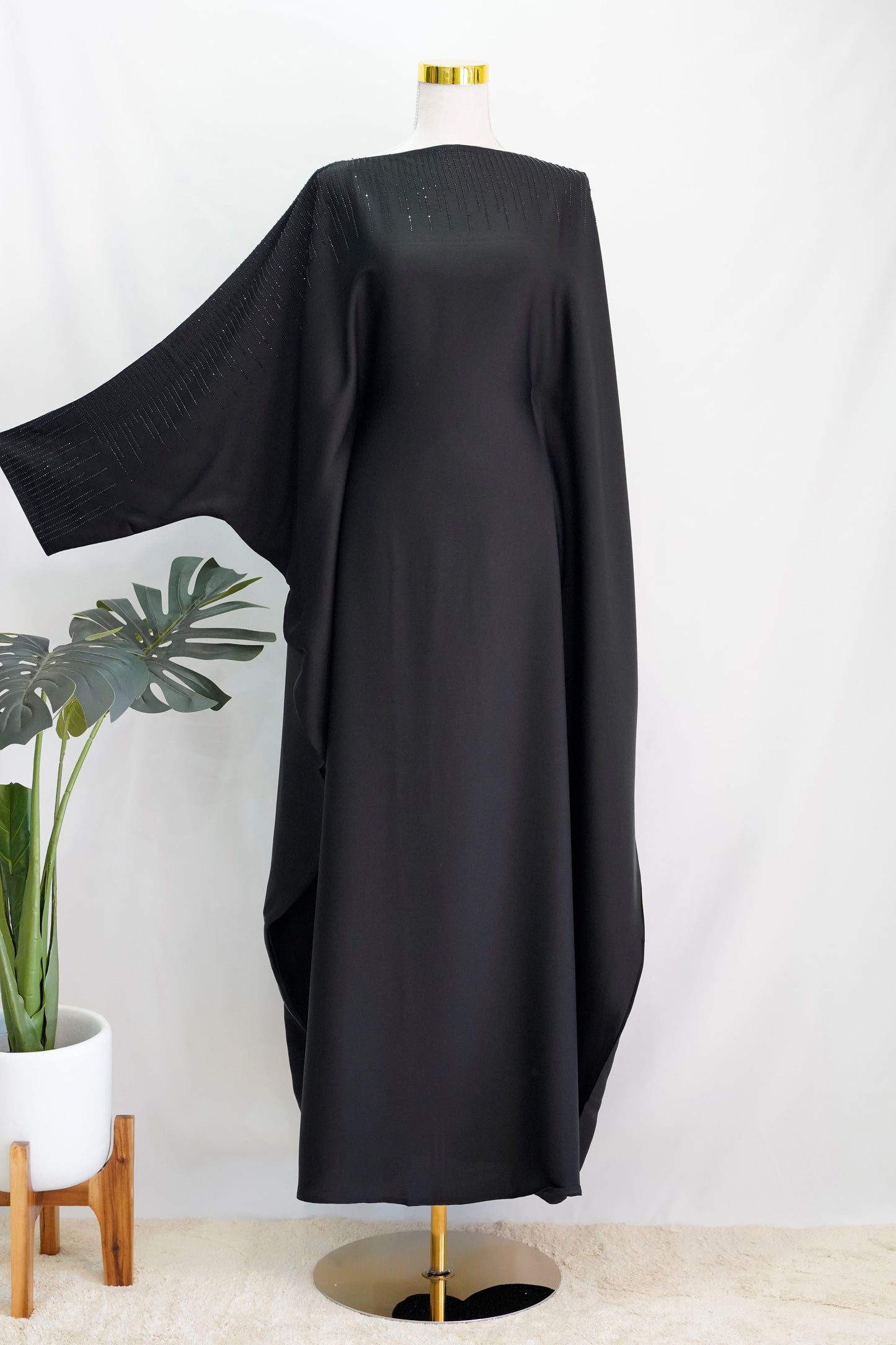 Amaani Butterfly Abaya Black, front side, full length, sleeve detail