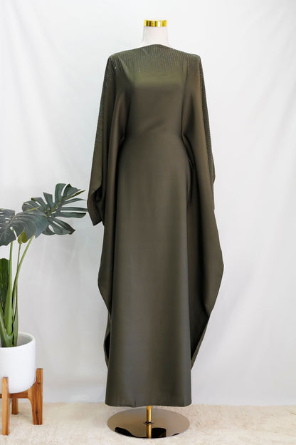 Amaani Butterfly Abaya Olive, front side, full length