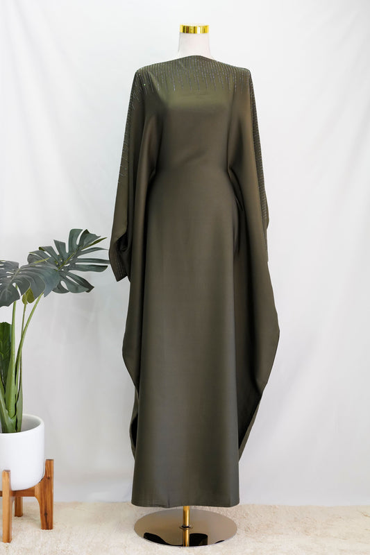 Amaani Butterfly Abaya Olive, front side, full length