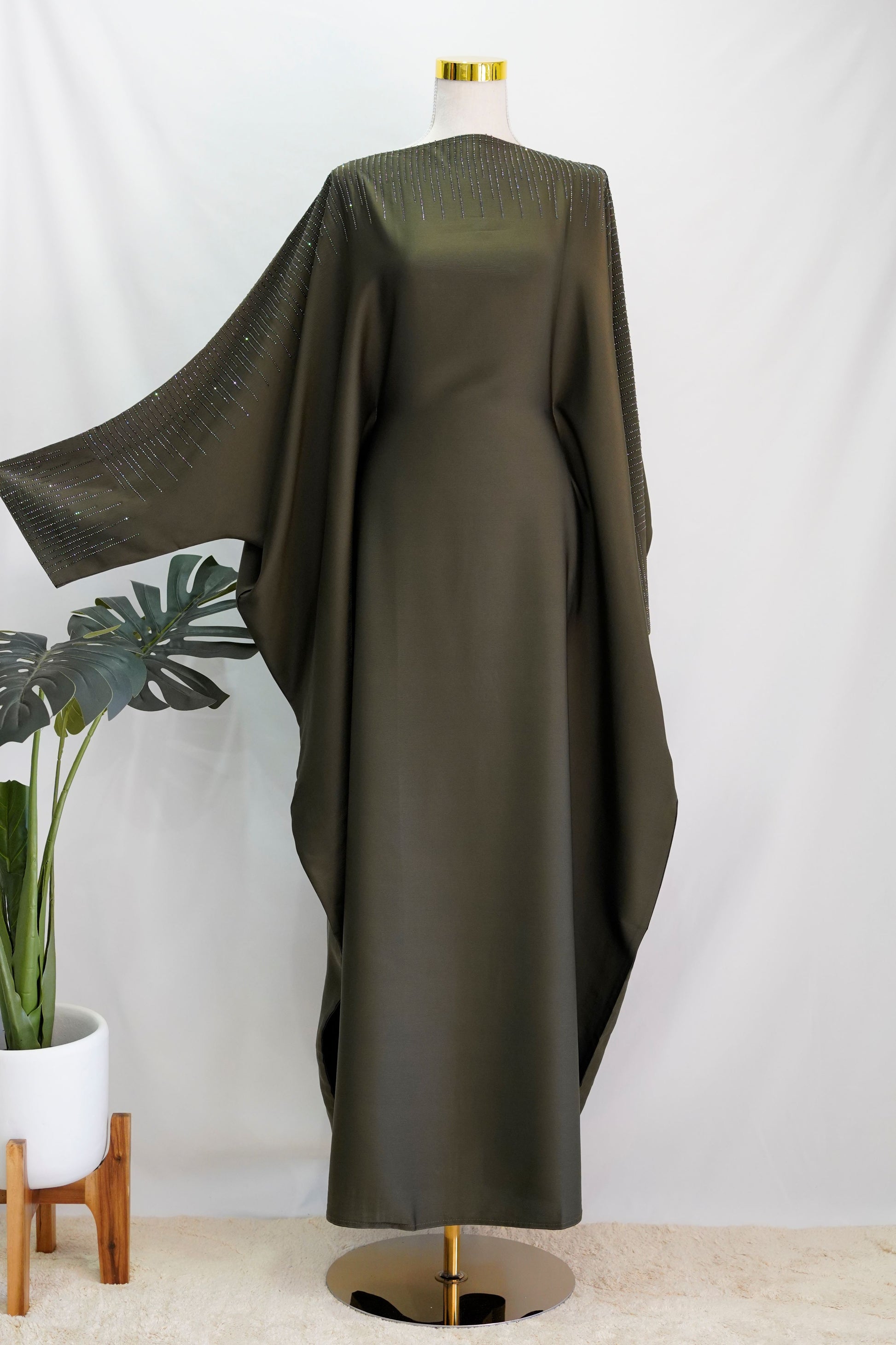 Amaani Butterfly Abaya Olive, front side, sleeve, full length