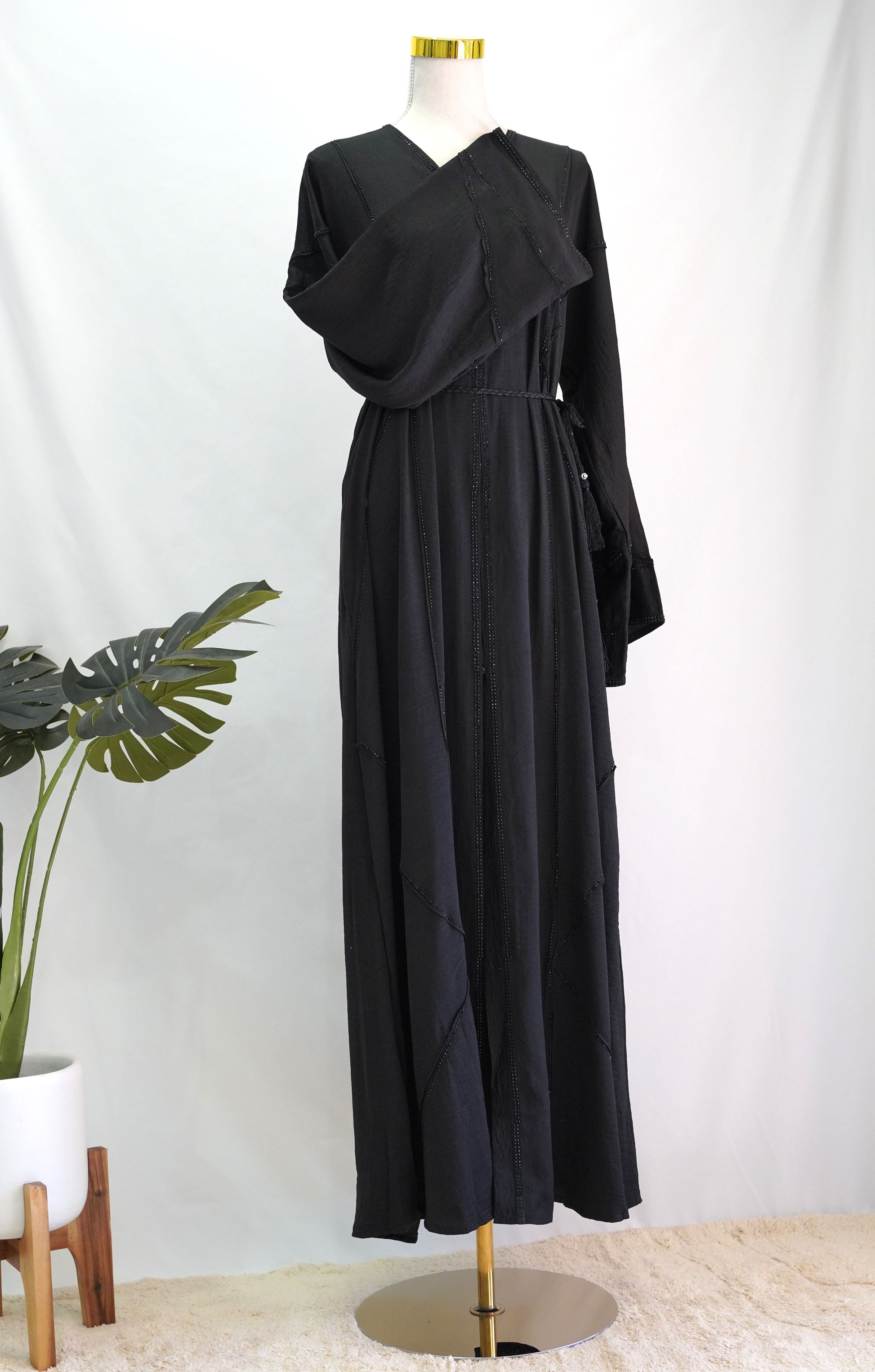 Layla Abaya, front view, full length, sleeve